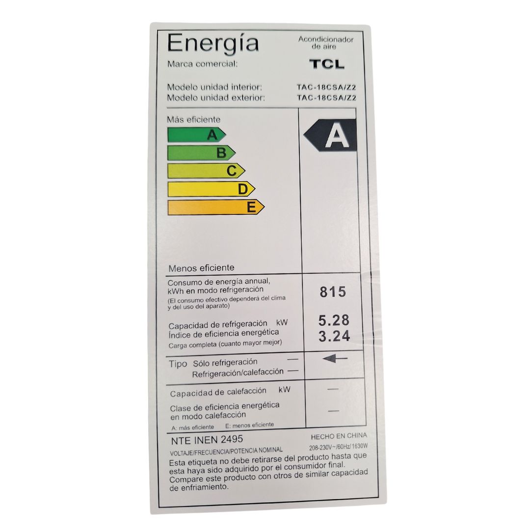 Aire Acondicionado Tcl 18csa Z2 18000 Btu Alta Eficiencia Deshumidificación Independiente